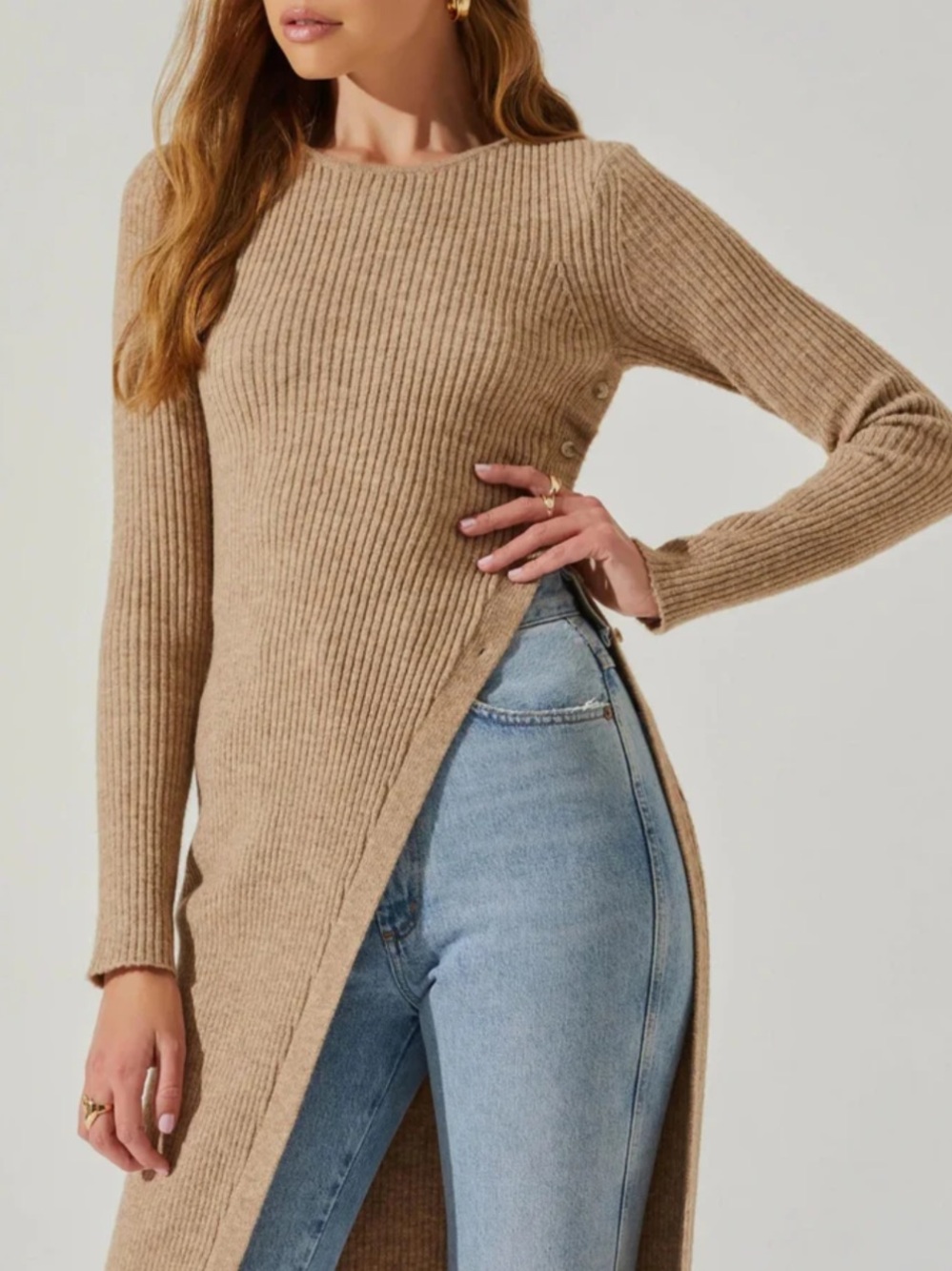 ASTR The Label Tan Rib Knit Side Button Slit Midi Sweater Dress Size Small - Picture 5 of 10
